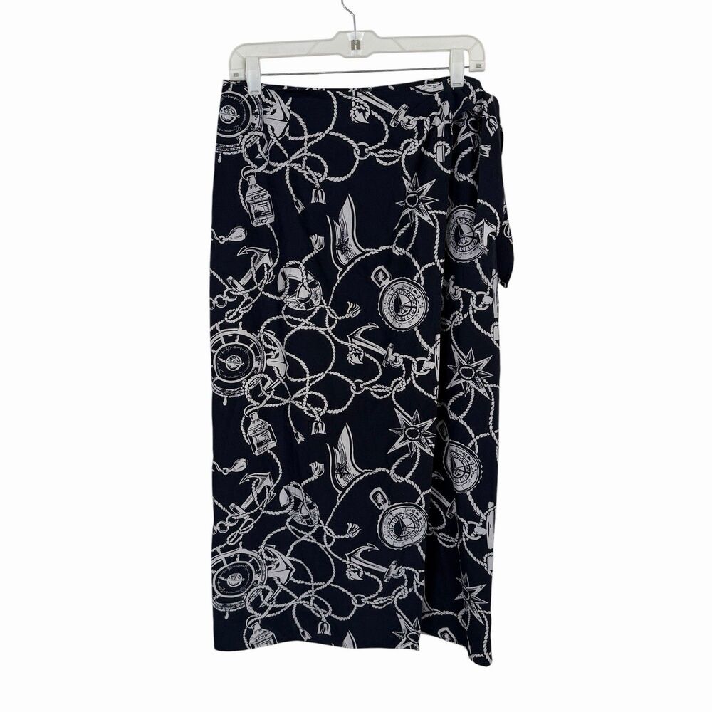 Talbots Wrap Midi Skirt Women 10 Nautical Navy Blue White  Preppy Marine Coastal